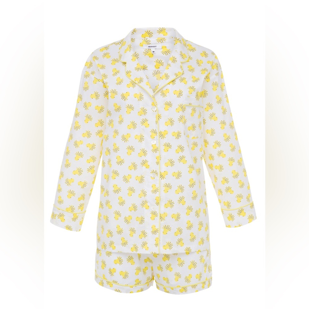 Marigot Lorient Block Print Short Pajama Set Yellow Jade Green Piping Org. $145